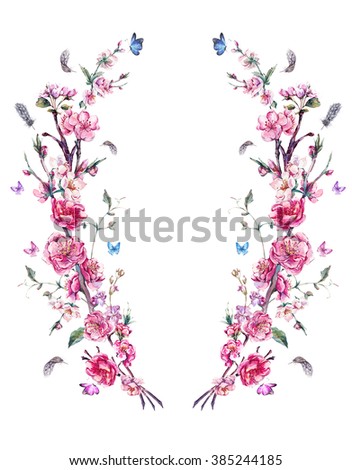 Watercolor Flower Spring Greeting Card, Vintage wreath of flowers bouquet with pink blooming branches of cherry, peach, pear, sakura, apple trees, feathers and butterflies, floral botanical decoration