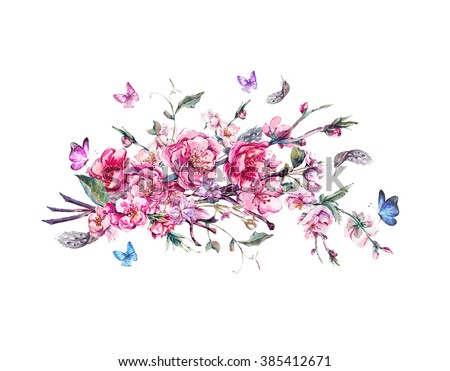 Watercolor Spring Greeting Card Vintage flowers bouquet with pink blooming branches of cherry peach, pear, sakura, apple trees, feathers and butterflies, flower spring isolated botanical illustration