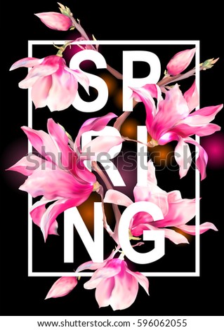 Vector Floral Spring Greeting Card, Vintage Flowers Bouquet, Magnolia, botanical illustration on black background,