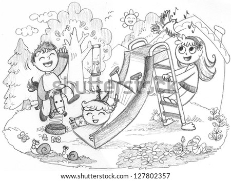 Playground In The Country 3 Happy Kids Playing Together Pencil Hand Drawn Illustration Playground In The Country 3 Happy Kids Playing Together Pencil Hand Drawn Illustration