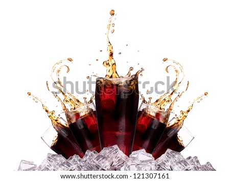 Fresh cola drink background with ice and splash isolated on a white - stock photo