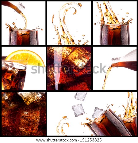 Fresh cola background with splash and ice - stock photo