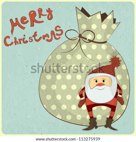 Christmas cards with cartoon Santa and bag with gifts - New Year postcard in Retro style - vector illustration