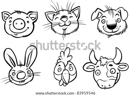 Cartoon faces of domestic animals outline drawing Cartoon faces of domestic animals outline drawing