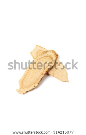 Sliced ginseng on white background