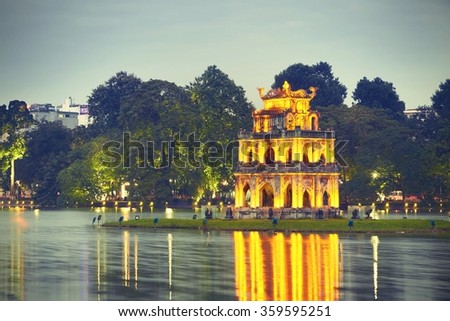 Hoan Kiem Lake (Lake of the Returned Sword) and Turtle Tower in Hanoi - Vietnam