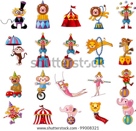 cartoon happy circus show icons collection