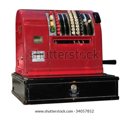 Old red cash register isolated on white.