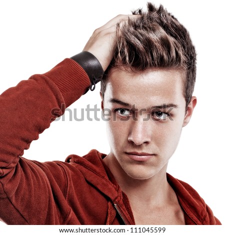 Young handsome man in red blouse looking aside