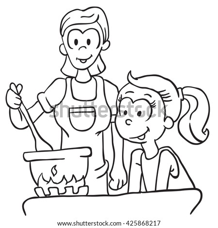 Download Black White Mother Daughter Cooking Cartoon Stock Vector ...