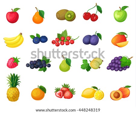 Set of vector colorful cartoon fruit icons: banana, apple, pear, kiwi, cherries, blueberries, currants, plums, mangoes, raspberries, gooseberries, grapes, pineapple, orange.