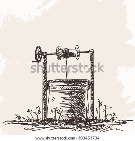 Sketch Water Well Hand Drawn Illustration Stock Vector 303453734