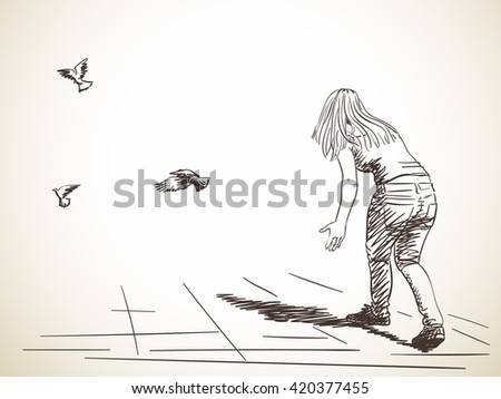 sketch of woman from back and free flying doves hand drawn illustration