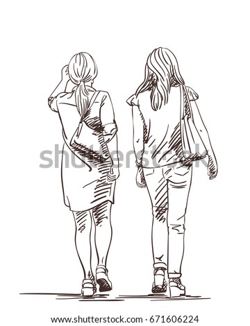 Hand Drawn Two Walking Women Wearing Stock Vector 671606224 - Shutterstock