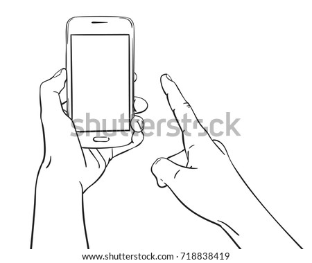 Sketch Hand Holding Smartphone Finger Touching Stock Vector 718130860 ...