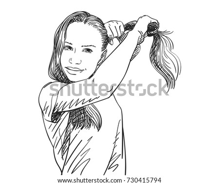 combing sketch pen Her Stock Beautiful Vector Sketch Combing Girl Teenage