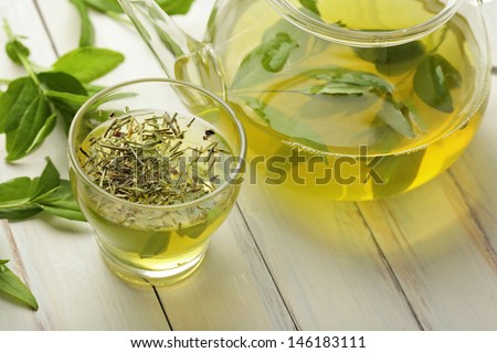 healthy green tea cup with tea leaves
