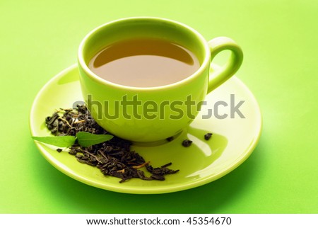healthy green tea cup with tea leaves