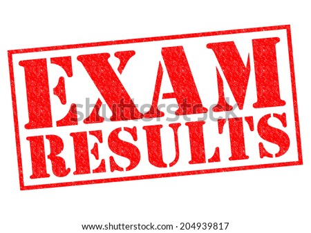 EXAM RESULTS red Rubber Stamp over a white background.