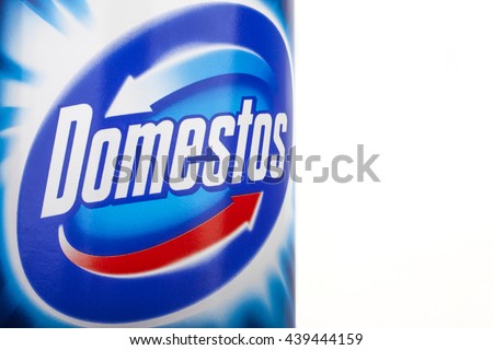 LONDON, UK - JUNE 16TH 2016: Close-up of the Domestos logo on one of their cleaning products, on 16th June 2016. The range of Domestos cleaning products are manufactured by Unilever.