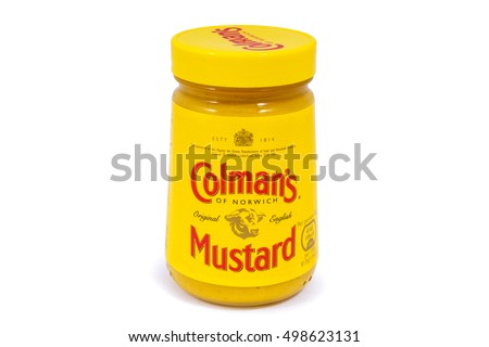 LONDON, UK - OCTOBER 13TH 2016: A shot of an unopened jar of Colmans Mustard over a plain white background, on 13th October 2016. The product is made by the Unilever company.