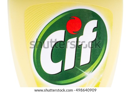 LONDON, UK - OCTOBER 13TH 2016: A close-up of the Cif logo on one of the brands household cleaning products, on 13th October 2016. The brand is owned and produced by the Unilever company.