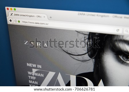 LONDON, UK - AUGUST 10TH 2017: The homepage of the official website for Zara, the Spanish clothing and accessories retailer, on 10th August 2017.
