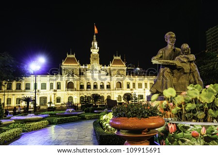 Ho Chi Minh City Hall in Ho Chi Minh City, Vietnam at night. It is known as Ho Chi Minh City People's Committee Head office and was built in 1902-1908.