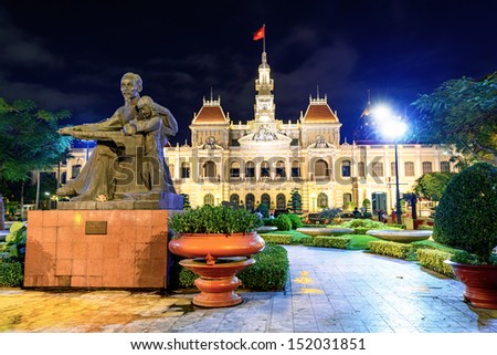 Ho Chi Minh City Hall in Ho Chi Minh City, Vietnam at night. It is known as Ho Chi Minh City People's Committee Head office and was built in 1902-1908.