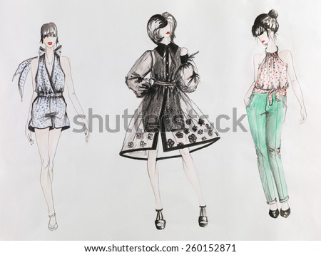 Hand Drawn Fashion Sketch Women Colored Stock Photo 260152871