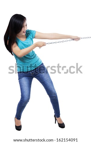 Pulling The Chain Unique Beautiful Woman Pulling Chain Isolated On Stock Photo Royalty Free Pulling The Chain Unique Beautiful Woman Pulling Chain Isolated On Stock Photo Royalty Free