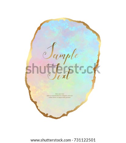Opal gemstone background with golden border. Gold leaf Opal slice coaster. Natural stone texture. Crystal quartz. Vector template for holiday designs, invitation, card, wedding, save the date.
