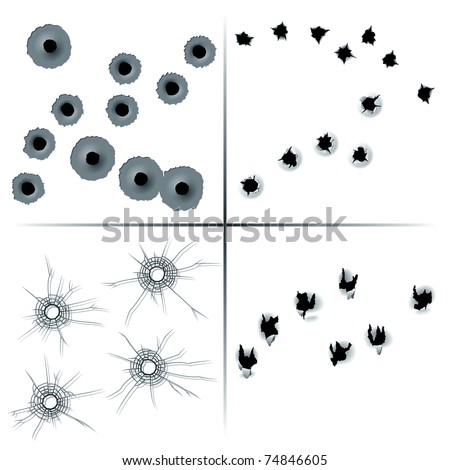 Set of In and Out Bullet Holes at Colored Metal, Paper, Glass and Fabric. Vector Illustration