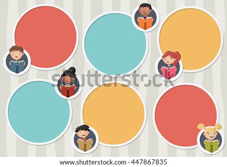 stock vector vector background with cartoon children reading books circle frames for text with students 447867835