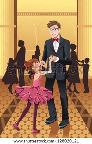 A vector illustration of a father dancing with his daughter in the ballroom