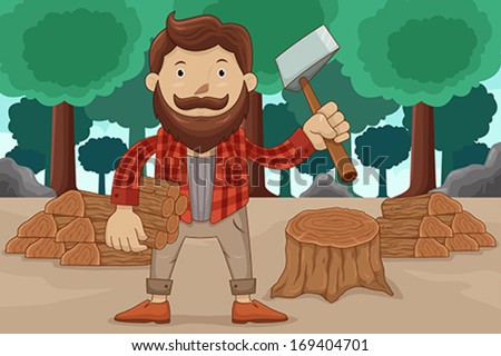 A vector illustration of hipster chopping wood - stock vector