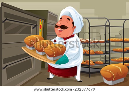 A vector illustration of happy baker holding breads in the kitchen