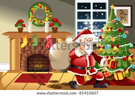 A vector illustration of Santa Claus carrying a bag of Christmas presents dropping a present under the Christmas tree