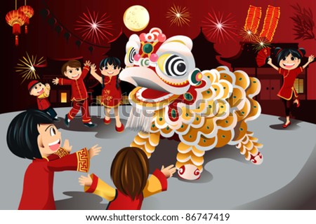 A vector illustration of kids celebrating Chinese New Year