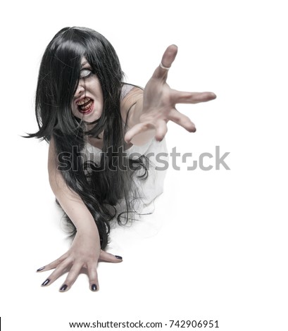 Mystical ghost woman in white long shirt reach out her hand on white Mystical ghost woman in white long shirt reach out her hand on white