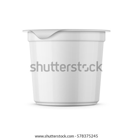 Round white glossy plastic pot with foil cover for yogurt, cream, dessert or jam. 125 ml. Realistic packaging mockup template. Side view. Vector illustration.