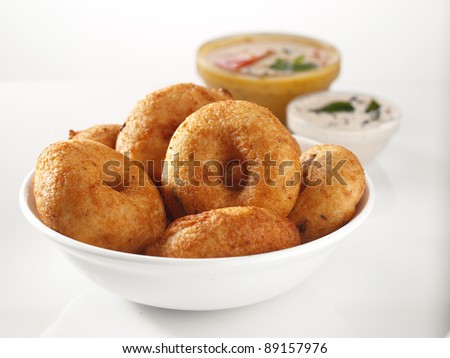 Vada Sambar with Coconut Chutney, Indian Food - stock photo