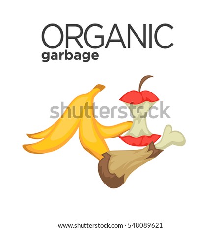 Vector symbol of organic garbage. Icon of food waste or rubbish for compost: banana peel and apple stub. Cartoon design element for pollution environment and ecology. Illustration isolated on white