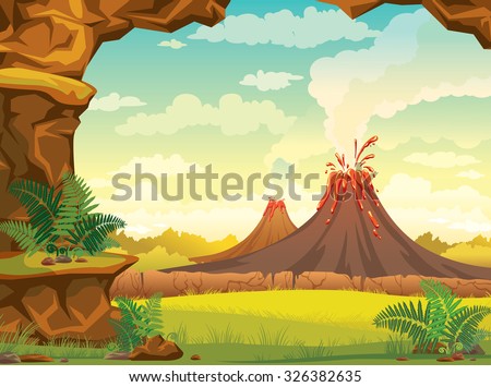 Vector natural illustration - prehistoric landscape with cave, smoky volcanoes and green grass on a cloudy sky.