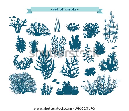 Underwater set - silhouette of corals and algae on a white background.