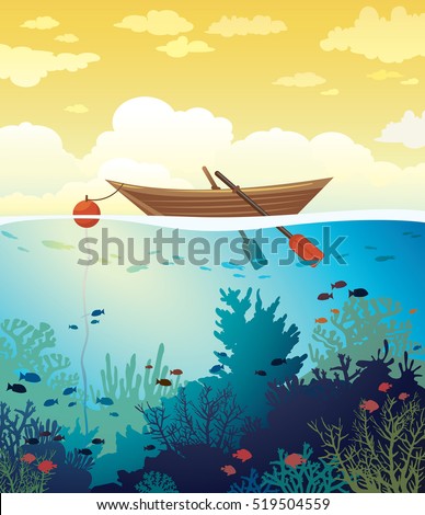 Vector seascape - wooden boat on a sunset sky and underwater marine life with school of fish and coral reef. Summer tropical illustration.