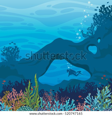 Beautiful coral reef with fish and silhouette of scuba diver at underwater cave on a blue sea background. Vector marine wildlife illustration. Tropical summer.