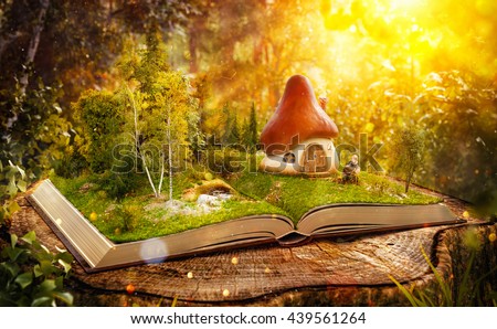 magical cartoon mushroom house on pages stock illustration 439561264