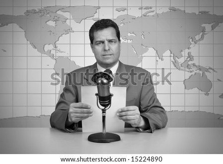 1950's era TV news anchor reading the news