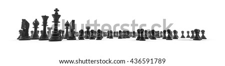 Chess piece panorama / 3D illustration chess pieces in wide panoramic composition